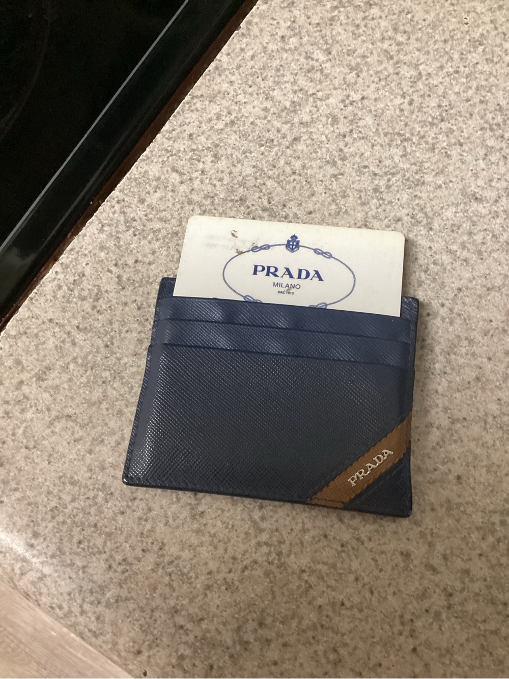 Prada Blue Saffiano Leather Card Holder with Brown Corner Accent